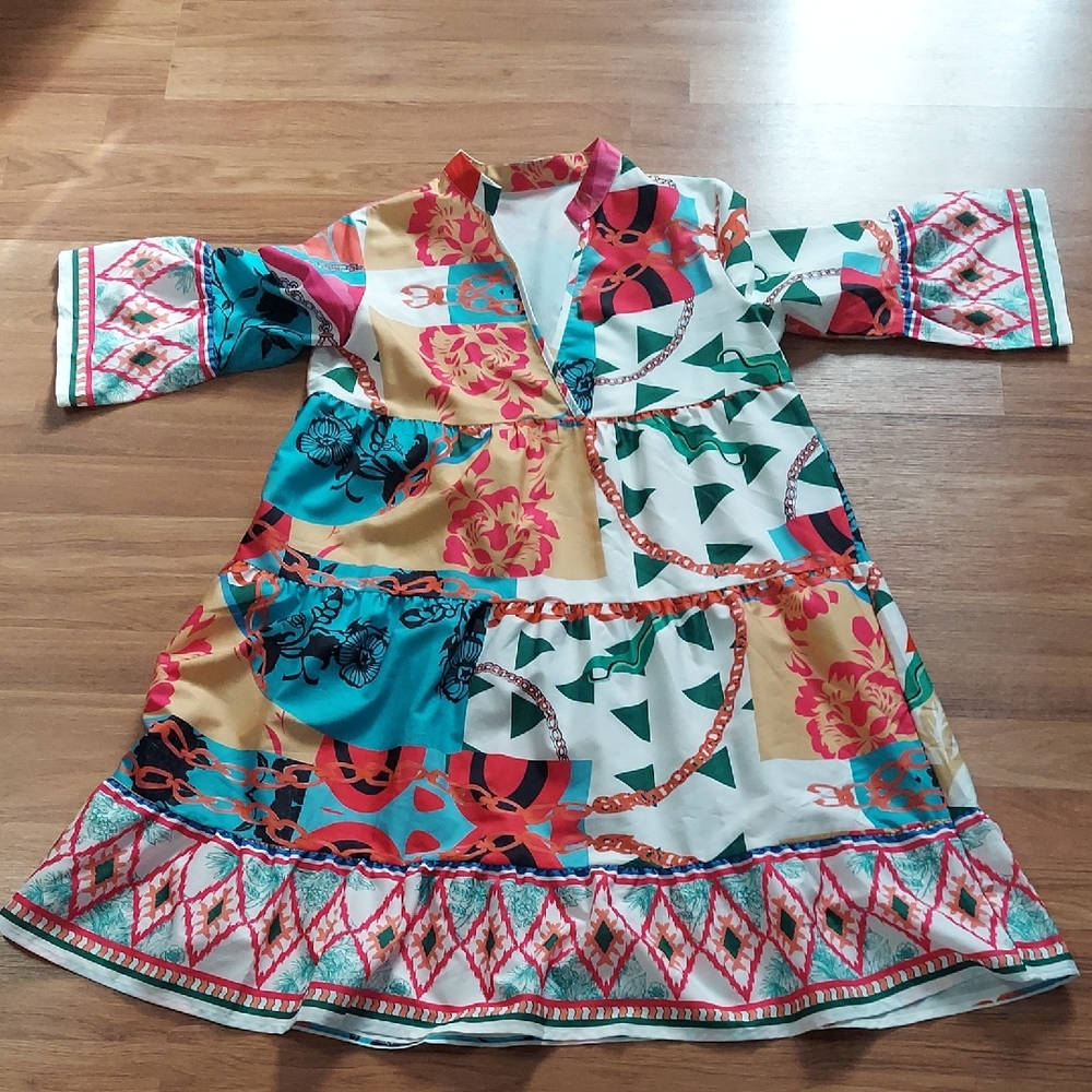 Colorful Patchwork Print Midi Dress - Vibrant Multi